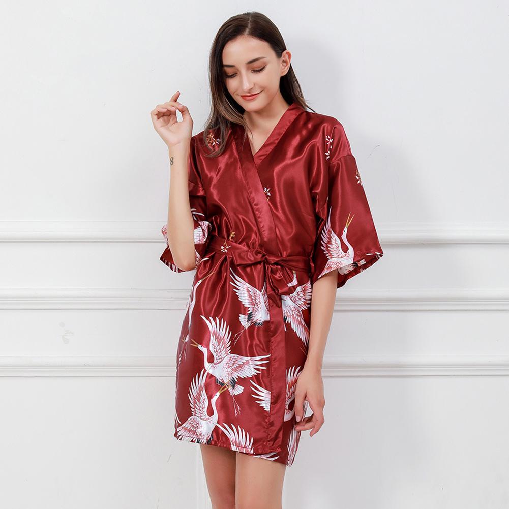 Puntos Summer Ice Silk Fabric Women Lady Nightgown Flower Print Short Bathrobe