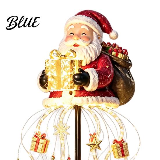 Decorative Porch Holiday Lighting Solar Santa Claus Christmas Garden Light, LED Holding Gift Box Yard Stake Warm White Lights with Cascading