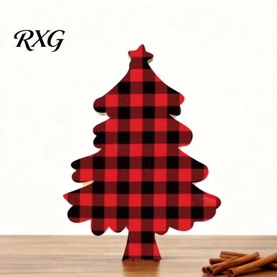 Waterproof Christmas Tree Ornaments Wooden Tabletop Decor, Plaid Polka Dots Xmas Wood Signs, Red Grid Pattern Decor Black Green Desktop Centerpieces