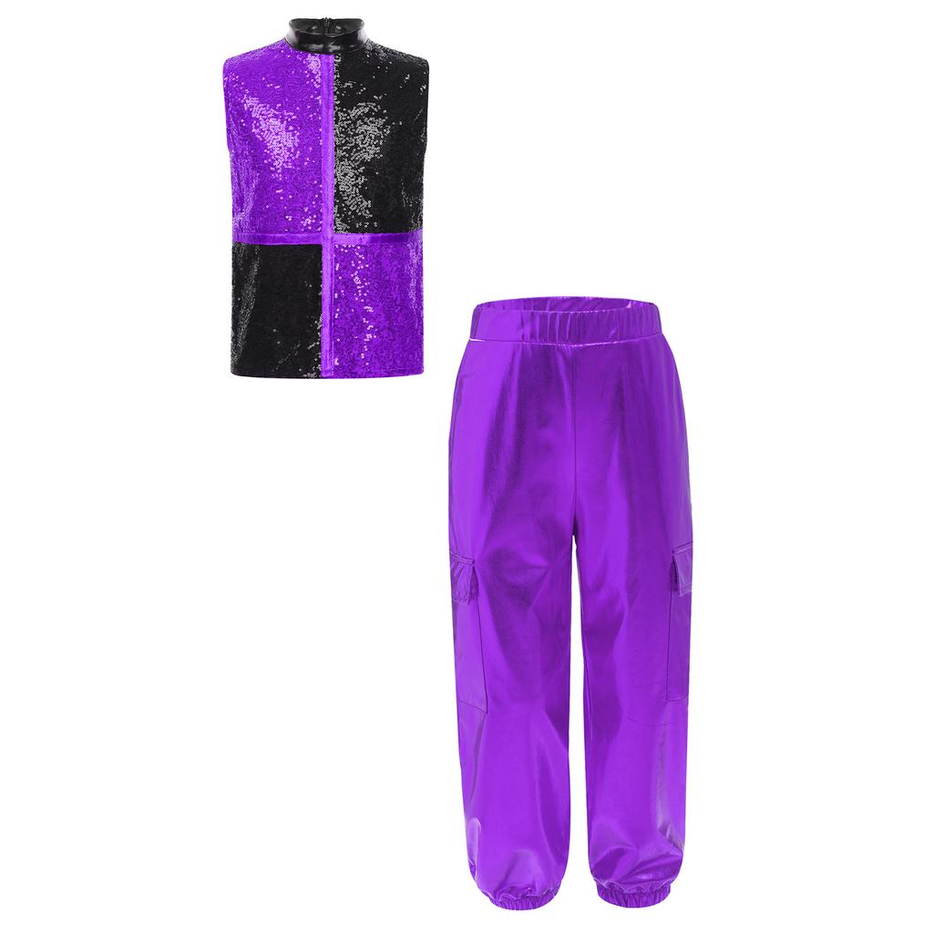 Boys Metallic Jazz Dance Costume Mock Neck Sleeveless Back Zipper Shiny Sequins Color Block Top Cargo Pants