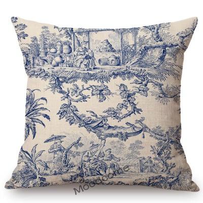 Navy Blue Ink Print Motif Of Toile De Jouy Classic French Pattern Tropical Plant Elephant Pillow Case Linen Car Cushion Cover