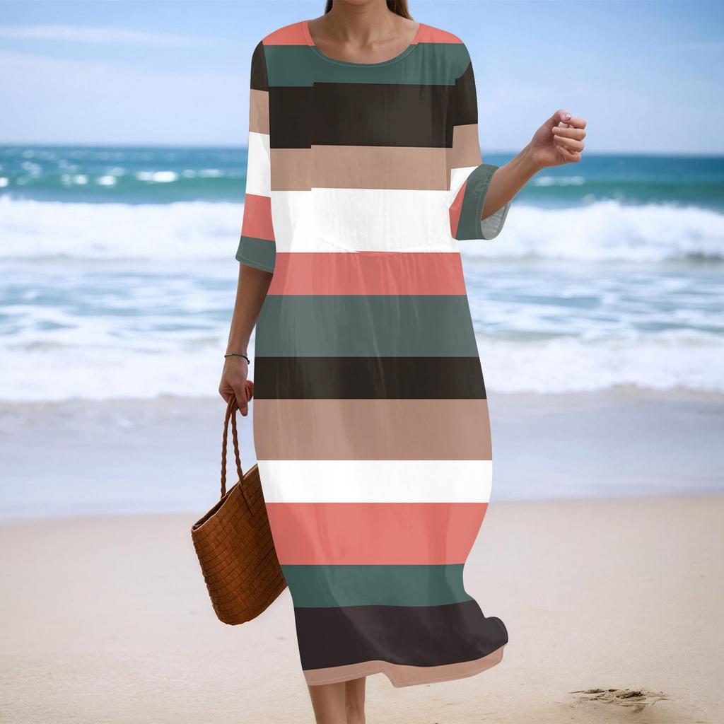 Женское модное платье свободного кроя с принтом, круглым вырезом и рукавом три четверти