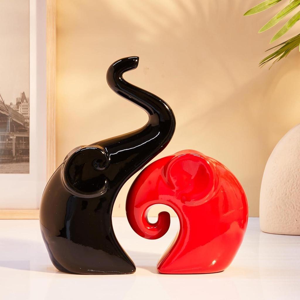 Home Decor Happy Charm Elephant Couple | Piano Finish Ceramic Figures (Set of 2 Piece, Red & Black)