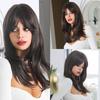 Long Wavy Layered Black-Brown Shoulder-Length Wigs With Bangs Heat Resistant Synthetic Wigs for Women Cosplay Daily Natural Wigs