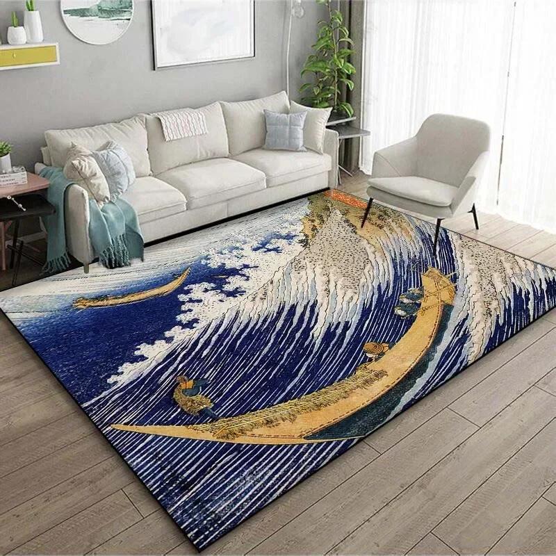 1PC Japanese Art Kanagawa Waves Carpet for Living Room Home Decor Large Area Rug Bedroom Floor Rug Non-slip Easy Washable Mat