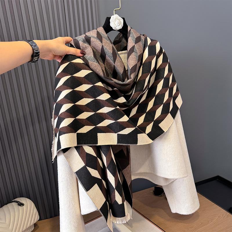 Imitation Cashmere Retro Plaid Pattern Simple Rhombus Pattern Printing Personality High-End Scarf Women