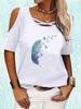 Off Shoulder T-shirt Women Casual Round Collar Short Sleeve Top Summer Print Tee Shirt
