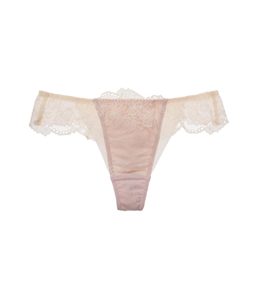 Peach John Nice Body Floating Pink Sizes Smooth To the Stretchy Fit Thong, Flower, Beige, M/L, T-Back Lace, Sheer, Touch,
