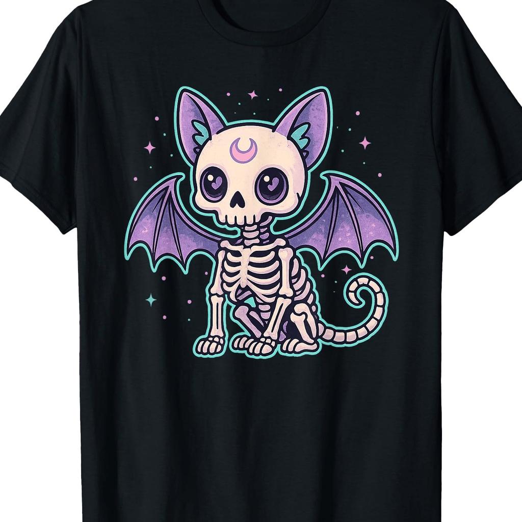 Cute Skeleton Bat Cat Goth Kawaii Graphic Tee Soft Cotton Casual Crew Neck T-Shirt Unisex