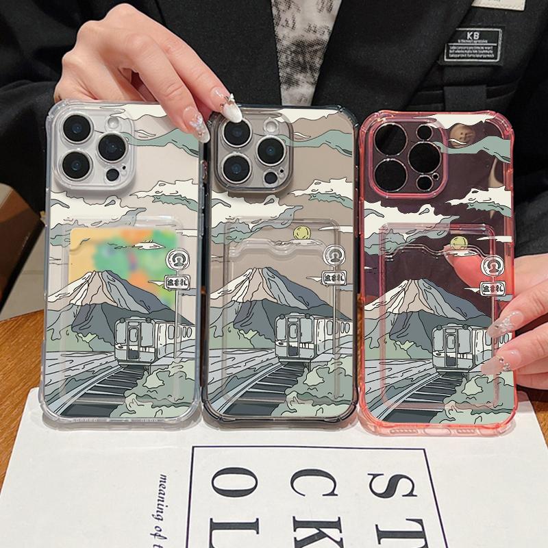 Чехол для телефона с прозрачным слотом для карт с рисунком в виде мультяшных гор для iPhone 16 Pro Max 15 Pro 14 13 12 11, мягкий силиконовый прозрачный противоударный тонкий чехол-бампер