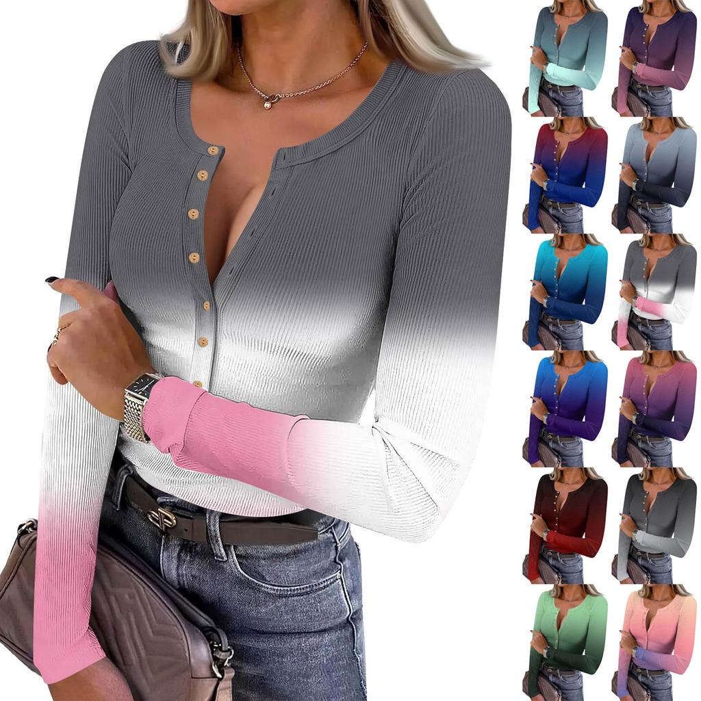 Женская и зимняя футболка с тонким низом, модная повседневная футболка с градиентным принтом и круглым вырезом, пуловер с длинным рукавом