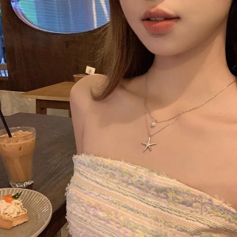 Fashion Silver Color Starfish Imitation Pearl Pendant Necklace for Women Simple Double Layered Clavicle Chain Necklace Jewelry