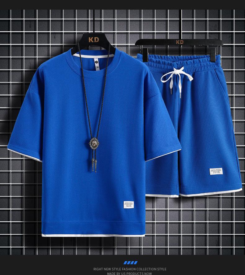 Мужской летний вафельный спортивный комплект с коротким рукавом и шортами, двухпредметный