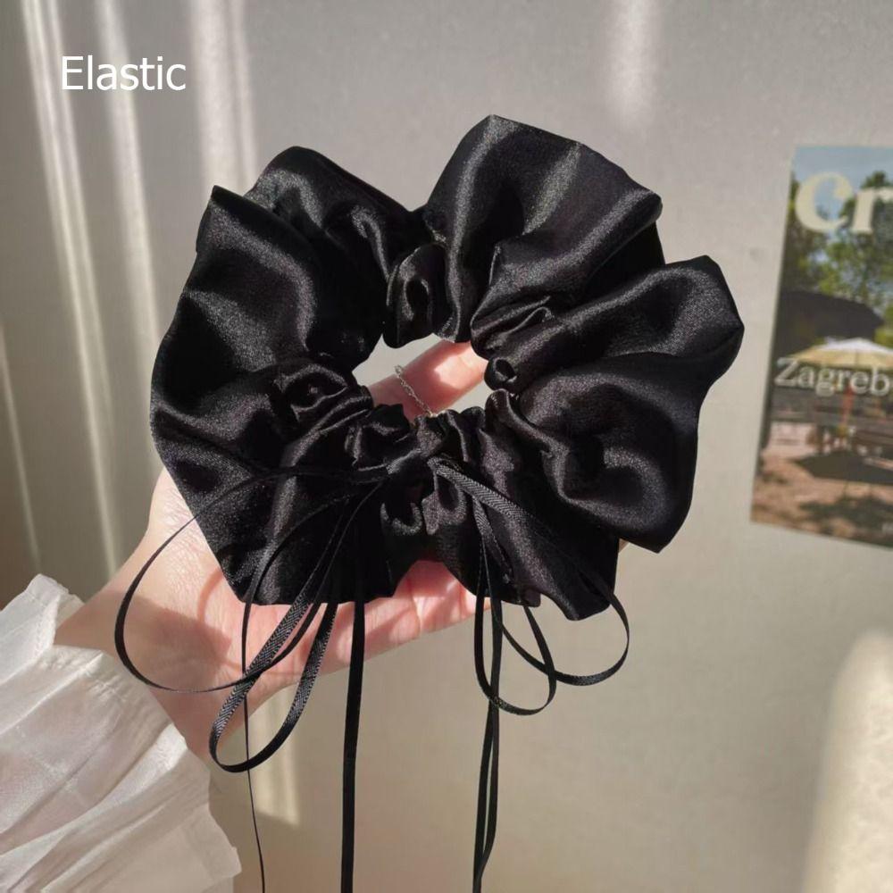 Satin Material Bow Scrunchie Black/White Hair Accessory Romantic Hair Tie Daily Wear