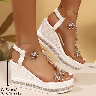 Женские летние сандалии на танкетке со стразами, новая модель, на высокой платформе, с цветком, с ремешком на щиколотке, пляжные женские сандалии