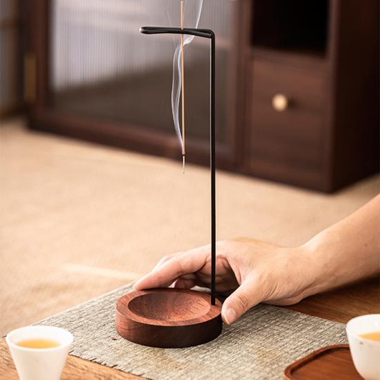 Incense Stick Holder with Wooden Tray Brass Inverted Incense Burner Ash Catcher Home Office