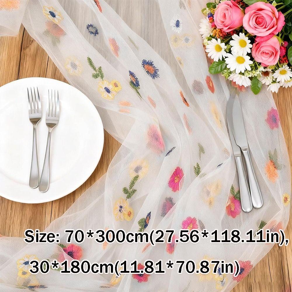 Hot Embroidery Daisy Table Runner Soft Breathable Tulle Table Runner Durable Kitchen Dining Table Decoration for Wedding Party