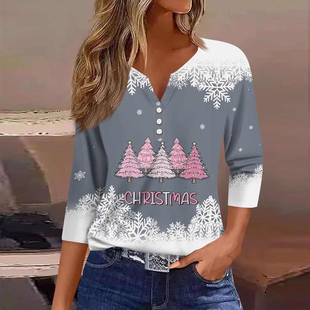 Women's T Shirt Tee Print Button 3/4 Sleeve Daily Weekend Fashion Basic V- Neck Regular Top