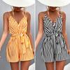 Женский комбинезон без рукавов с глубоким V-образным вырезом и полосатым принтом контрастного цвета с узкой талией, летний комбинезон, женская одежда