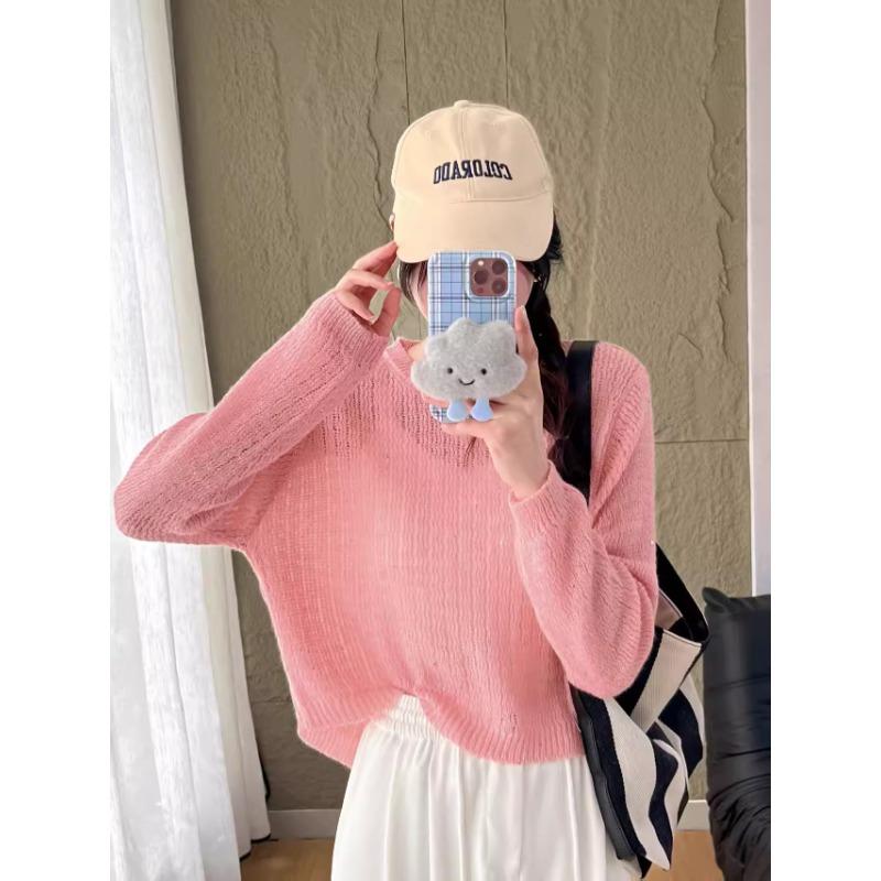 Spring New Back Button Design Knitted Blouse Women's Short Bright Silk Thin Sweater Long Sleeve Hollow Shirt