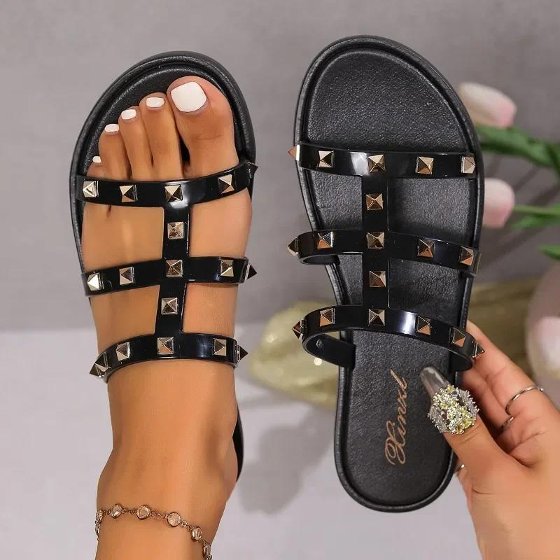 Fashion Rivet Ladies Shoes 2024 New Open Toe Women's Slippers Summer Rome Solid Outdoor Casual Beach Flat Comfortable Slippers Zapatos
