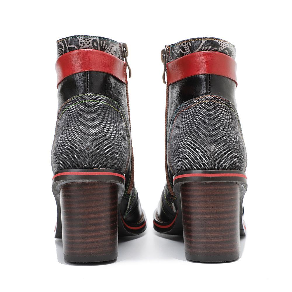 Johnature Ретро Комфорт Толстый Каблук Короткие Сапоги Ручной Работы Натуральная Кожа Сращивание Набивная Ткань Женская Обувь