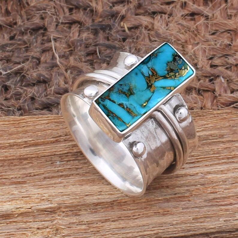 Длинное прямоугольное кольцо с синей медью и бирюзой, тяжелое кольцо, рождественский подарок на День святого Валентина, подарок на День Благодарения, эффектное кольцо, серебряное кольцо 925 пробы