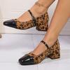 Туфли женские Мэри Джейн в европейском и американском стиле, с леопардовым принтом, сочетающиеся по цвету, на толстом среднем каблуке, с открытым подъемом, квадратным носком, с отделкой стразами