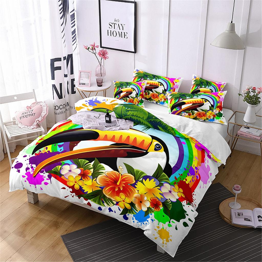 Flamingo Three-Piece 3D Printed Parrot Toucan And Tropical Flower Quilt Cover Pillowcase Bedding