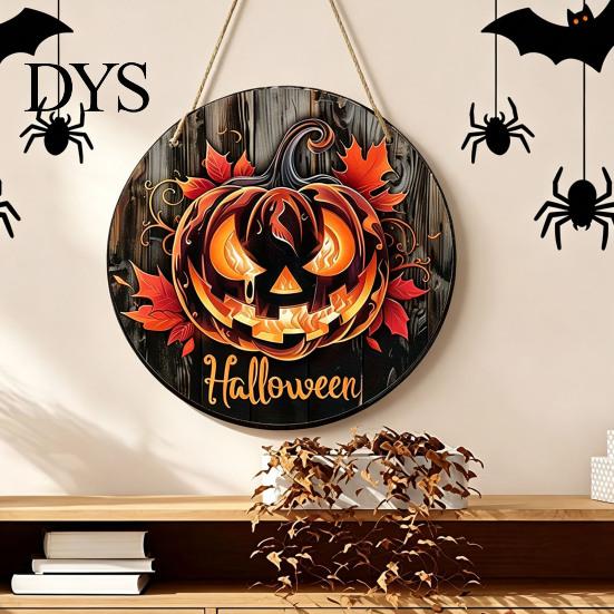 Autumn Atmosphere Hanging Ornament Halloween Wooden Door Hanger Sign, Flame Pumpkin Maple Leaf Printed Round Plaque, Hemp Rope Decor Waterproof