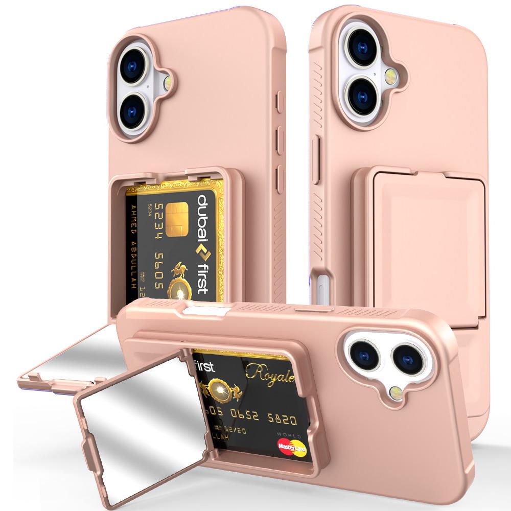 For iPhone 16 Case Skin-Touch Card Holder TPU + PC Phone Cover with Mirror Kickstand
