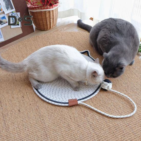 Cat Scratcher Mat Natural Cotton Rope Scratching Mat Cat Ear Design Scratcher with Ball Toy Furniture Protector for Wall Couch Carpet Sofa