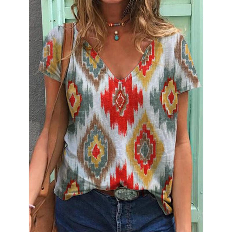 Geometric Graphics 3D Print T-shirts Women Ethnic Style Vintage Streetwear T Shirt Y2k Tops Woman V-Neck Tees Oversized Clothing