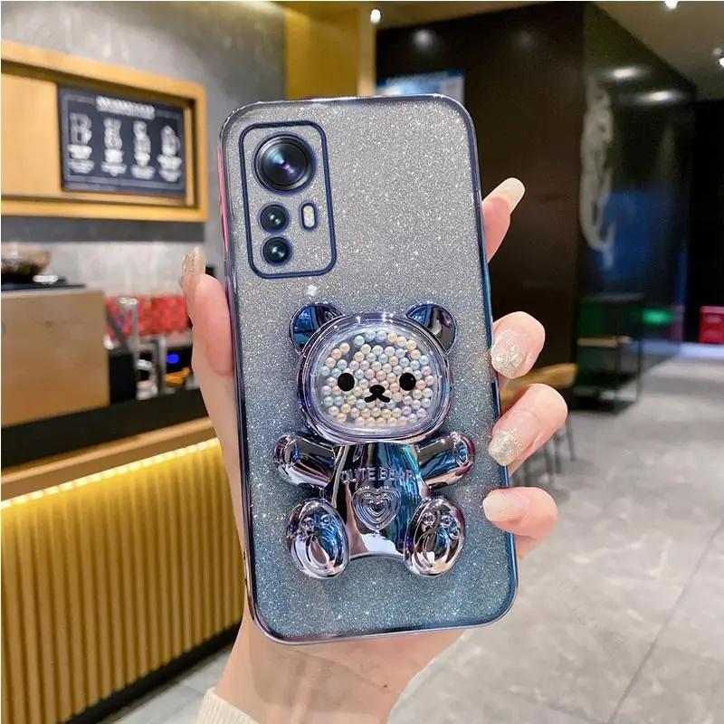 Для Xiaomi 13T милый держатель-кронштейн в виде медведя, чехол с блестками для Xiaomi Mi 13T 13 12 11 Lite 14 Ultra 12T 11T Pro, чехол-подставка