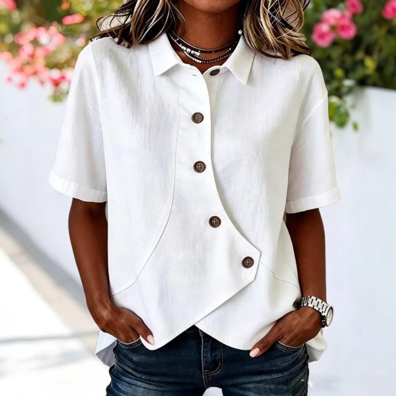 Women Light Blue Lapel Irregular Diagonal Button Short Sleeve Irregular Hem Loose Casual Blouse