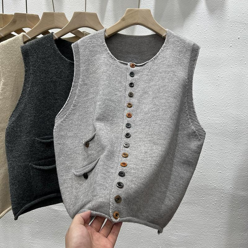 DIMANAF 2025 Осень Женский Жилет без рукавов на пуговицах Свитера Стиль Свободная Вязка Повседневный Свитер