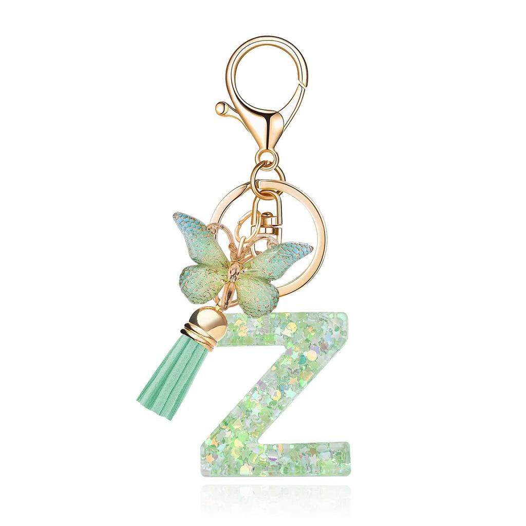 A-Z Dreamy Letters Keychain for Women Tassels Butterfly Pendant Initial Keyrings Purse Suspension Bags Car Key Chain Pink