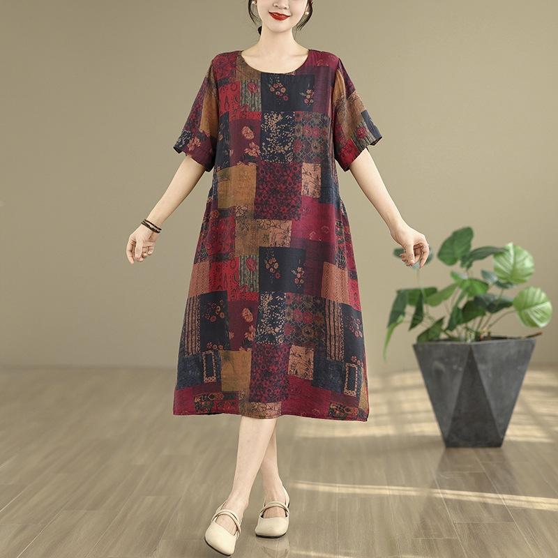 Платье с круглым вырезом и короткими рукавами из хлопка и льна с принтом, женская летняя новая одежда 2025 года, темпераментная мама, средняя и длинная юбка А-образного силуэта