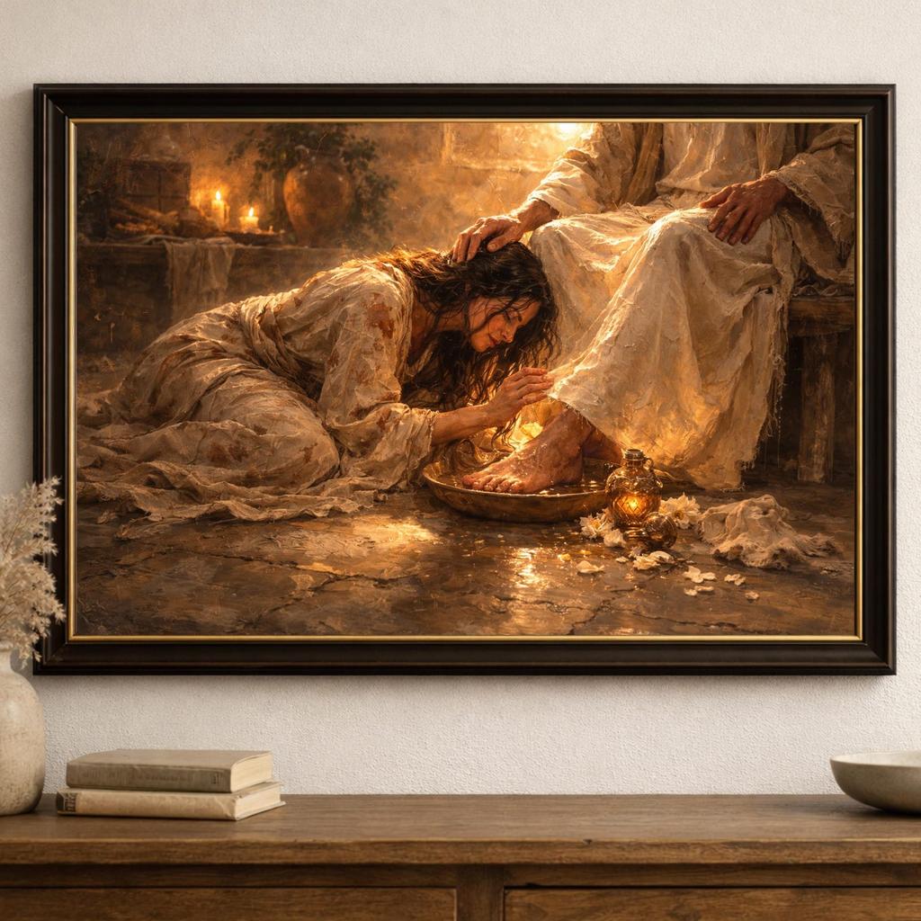 Mary of Bethany Anointing Jesus Canvas Wall Art, Woman Washing Jesus Feet Painting, Christian Wall Decor, Biblical Artwork