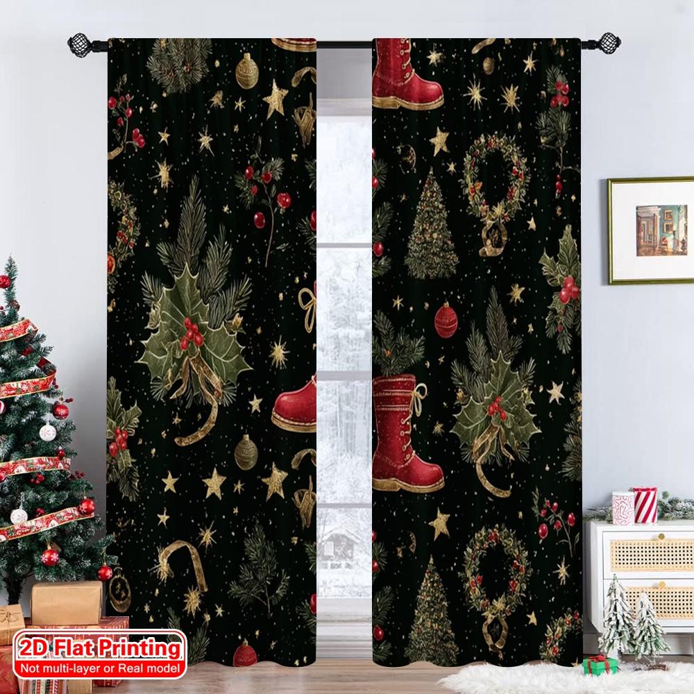Set Of 2 Flat Printing Merry Christmas Party Curtains Santa Boots Ball Tree Retro Green Red Digital Printed Polyester Drapes Curtain