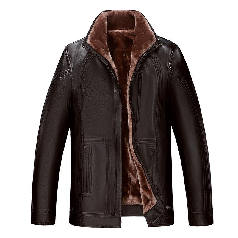 Мужское зимнее кожаное пальто для среднего и пожилого возраста, мужская меховая утолщенная кожаная куртка на флисовой подкладке, мужское кожаное пальто