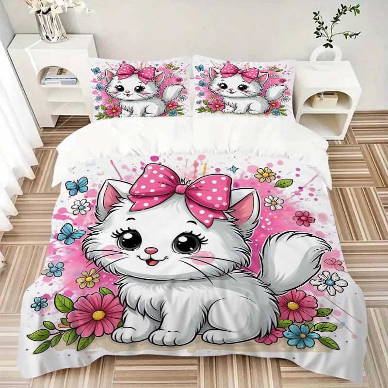 3pcs Kitten with a Bow Quilt Cover Set - Soft and Cozy Bedroom, Guest Room and Dorm Decorative Bedding 3-Piece Set 1 Quilt Cover + 2 Pillow Shams