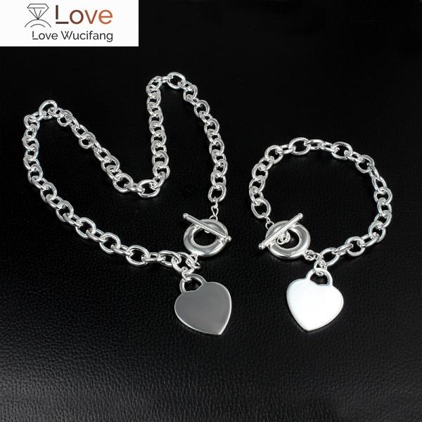 Korean Romantic Love Heart Card Pendant 925 Sterling Silver Necklace Bracelets Jewelry Set for Women Fashion Party Wedding Gifts