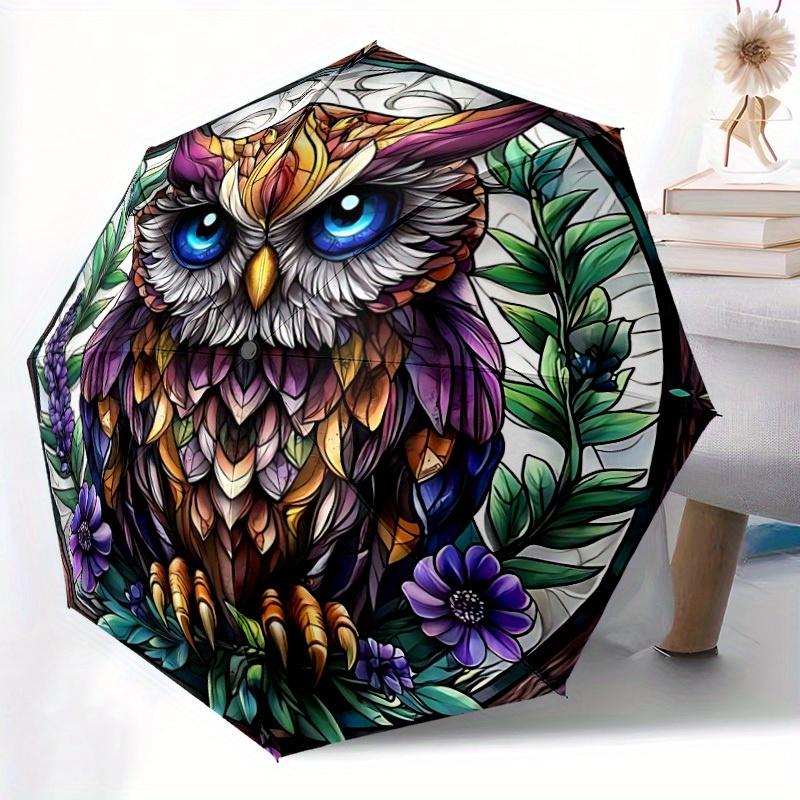1pc Stained Glass Ow Automatic Folding Umbrella, Portable & Foldable Design with 8 Ribs, Casual Outdoor Accessory Halloween and Christmas gi