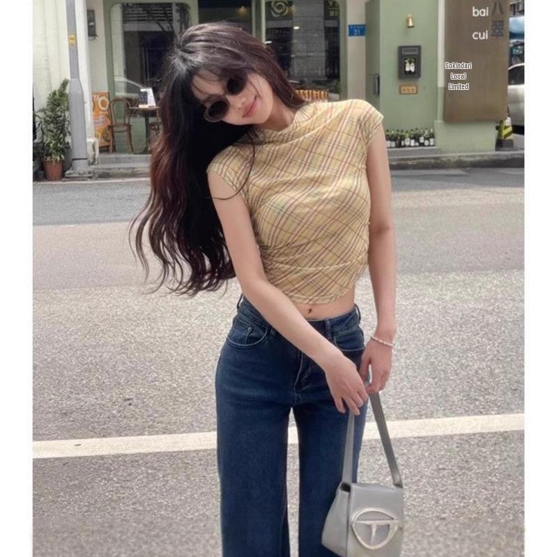 Женская красная клетчатая сетчатая футболка с открытыми плечами — облегающий крой, короткие рукава, летний топ