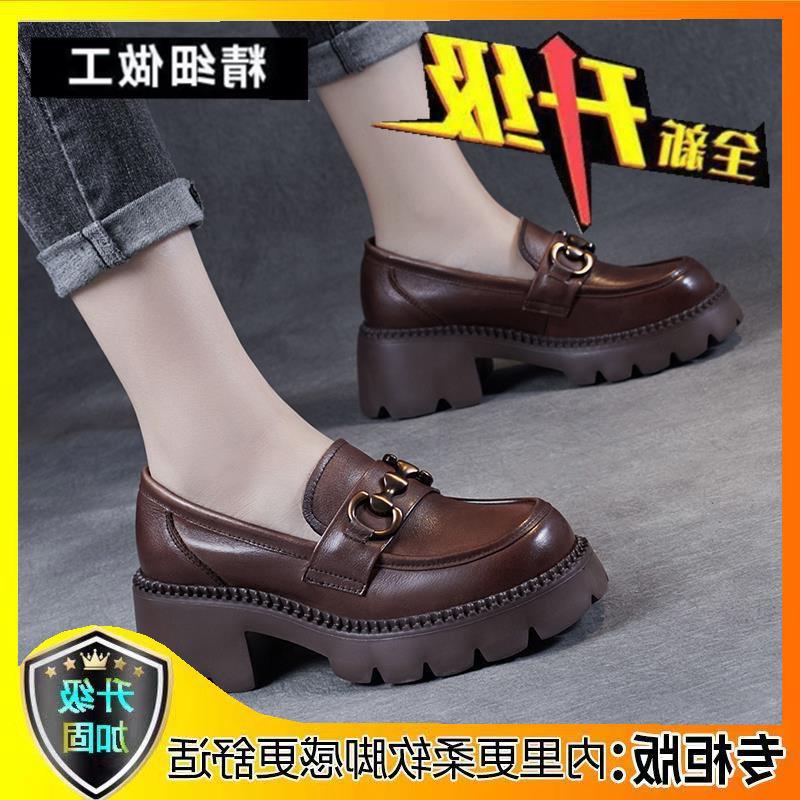 Универсальные туфли из кожи на толстой подошве для весны и осени, увеличивают высоту новых женских туфель красного и зеленого цвета + британский стиль с одной педалью