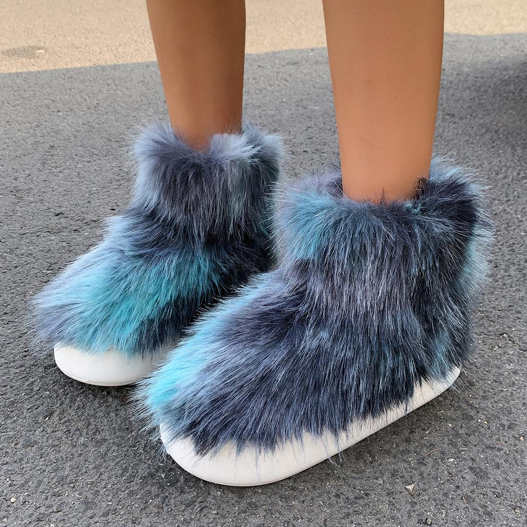 Сапоги из искусственного меха для женщин, пушистые, пушистые, с круглым носком, замшевые, зимние, удобные, плюшевые, теплые, короткие, зимние, женские, без застежек, туфли на плоской подошве, сапоги до середины икры