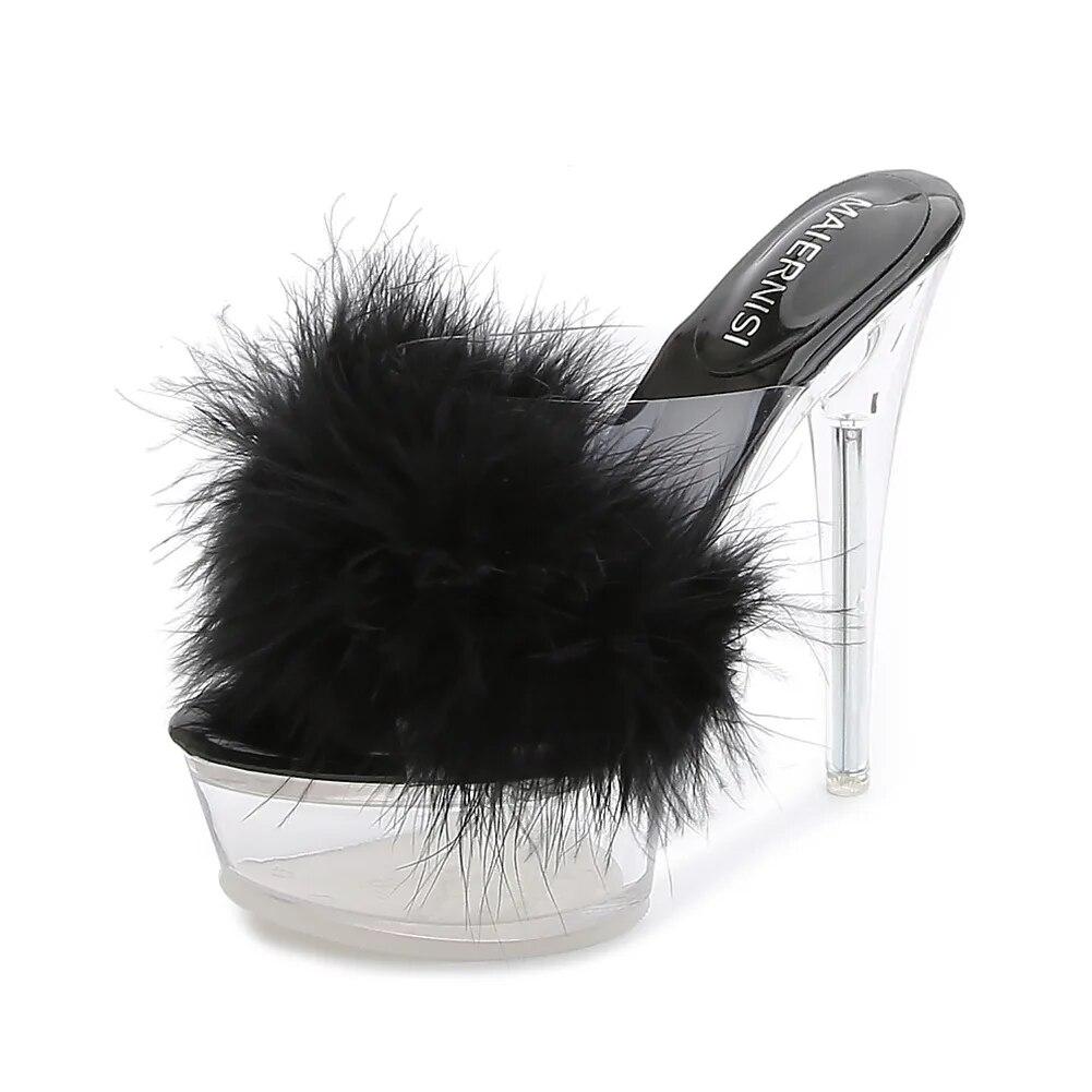 Женские туфли на шпильке, прозрачные пушистые пикантные модные сандалии на каблуке 14 см и платформе 4 см WZ