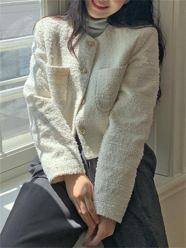 Куртки с карманами для женщин, осень-зима, новые модные пальто с длинным рукавом и круглым вырезом, винтажный шикарный твидовый пиджак на пуговицах