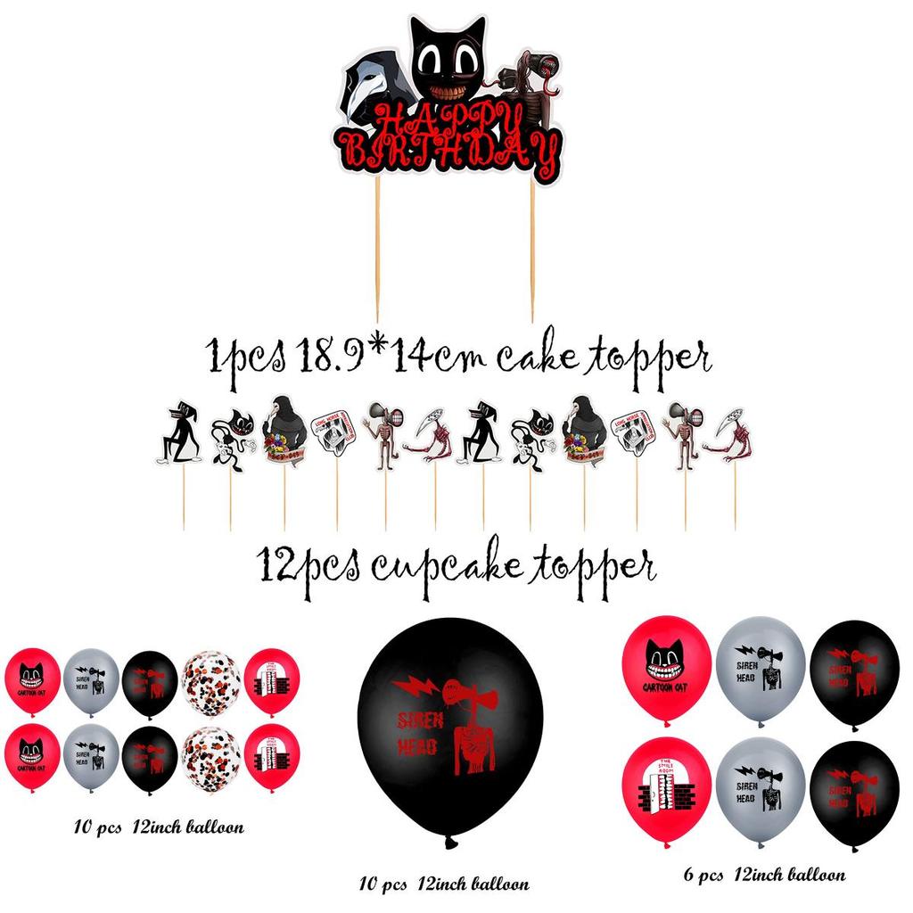 Сиреноголовый Мультяшный Кот Тема Ужасов Баннер из Воздушных Шаров Набор Топперов для Торта на День Рождения